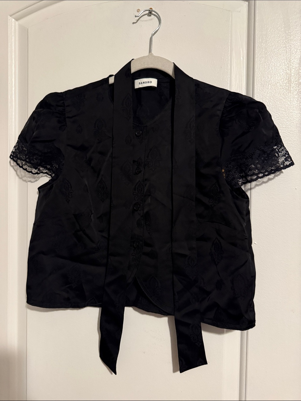 Sandro Hannah Black Lace-Trim Tie-Neck Crop Blouse - Picture 4 of 6